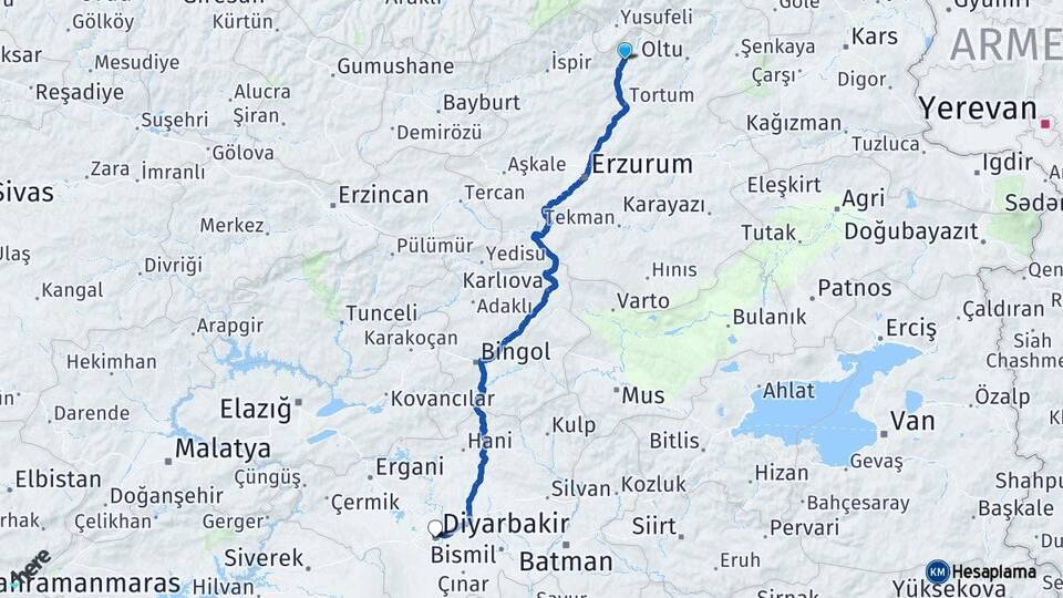 Erzurum Uzundere Diyarbakır Arası Kaç Km - Yol Haritası