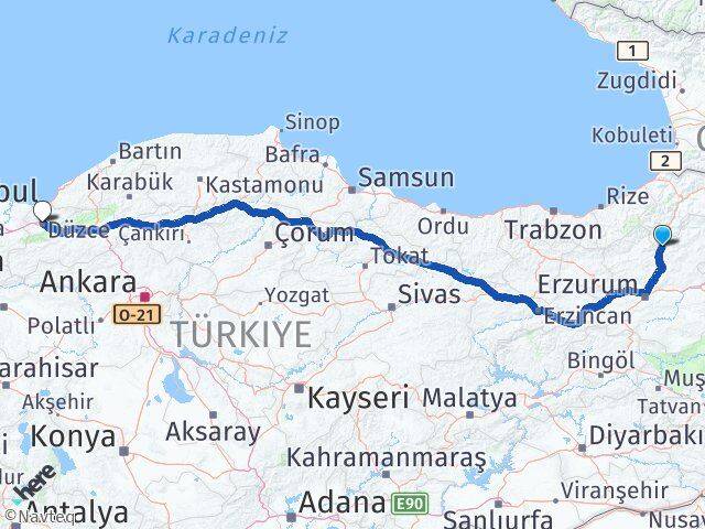Erzurum Uzundere Düzce Arası Kaç Km - Yol Haritası