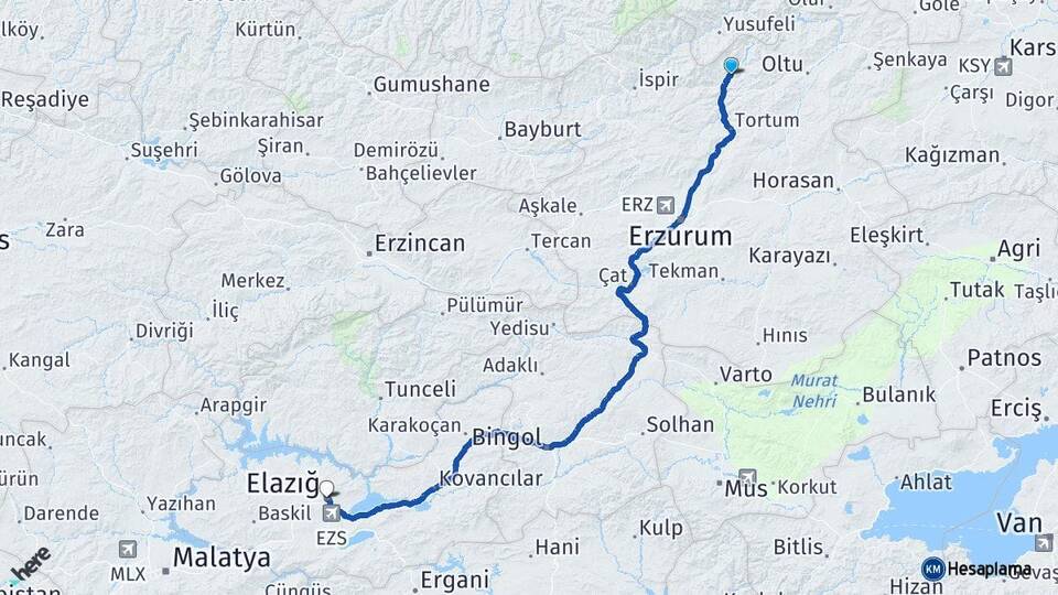 Erzurum Uzundere Elazığ Arası Kaç Km - Yol Haritası