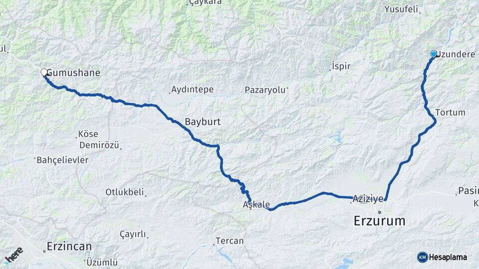 Erzurum Uzundere Gümüşhane Arası Kaç Km - Yol Haritası