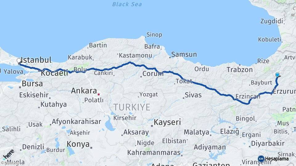 Erzurum Uzundere İstanbul Arası Kaç Km - Yol Haritası