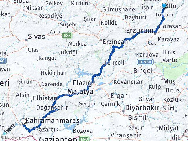 Erzurum Uzundere Kahramanmaraş Arası Kaç Km - Yol Haritası