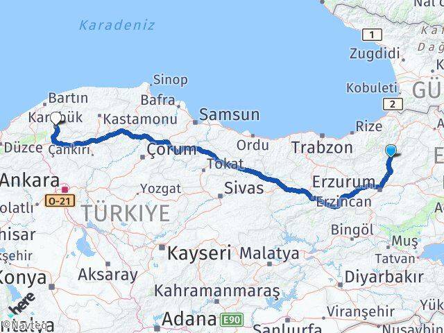 Erzurum Uzundere Karabük Arası Kaç Km - Yol Haritası