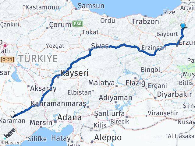 Erzurum Uzundere Karaman Arası Kaç Km - Yol Haritası