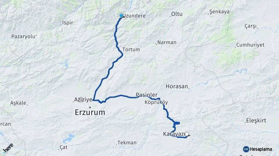 Erzurum Uzundere Karayazı Arası Kaç Km - Yol Haritası
