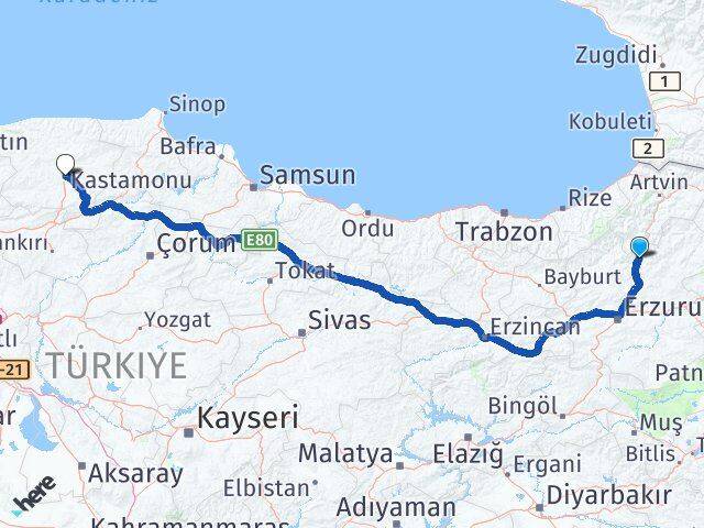 Erzurum Uzundere Kastamonu Arası Kaç Km - Yol Haritası