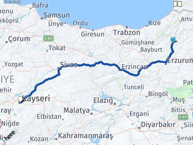Erzurum Uzundere Kayseri Arası Kaç Km - Yol Haritası