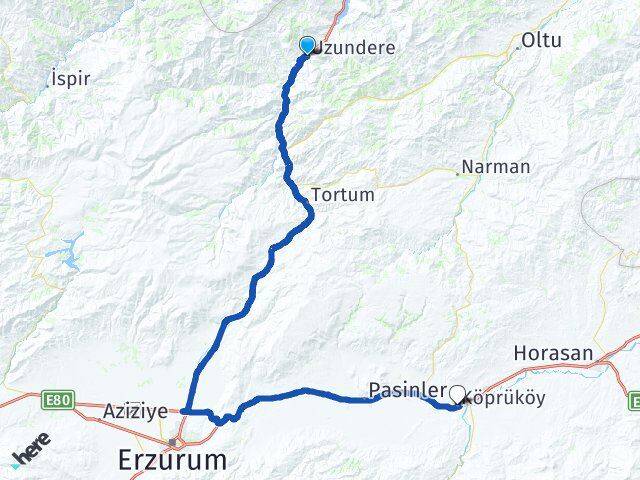 Erzurum Uzundere Köprüköy Arası Kaç Km - Yol Haritası