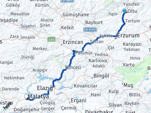 Erzurum Uzundere Malatya Arası Kaç Km - Yol Haritası