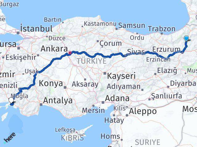 Erzurum Uzundere Muğla Arası Kaç Km - Yol Haritası