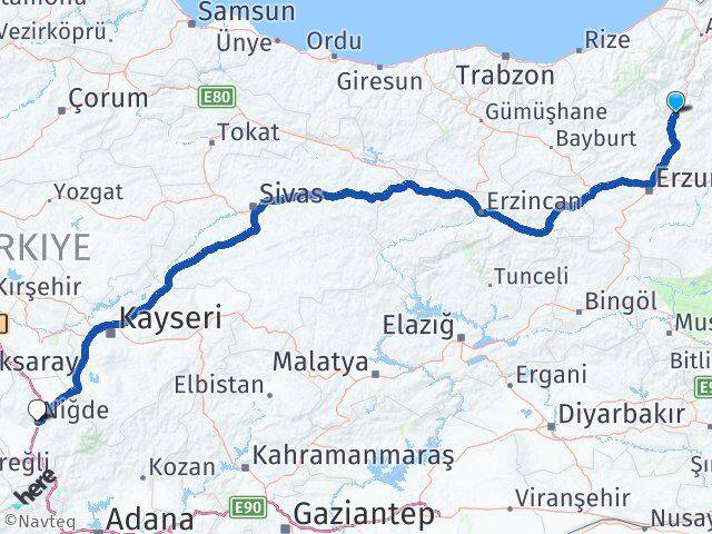Erzurum Uzundere Niğde Arası Kaç Km - Yol Haritası
