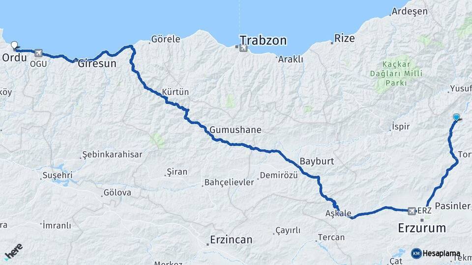 Erzurum Uzundere Ordu Arası Kaç Km - Yol Haritası
