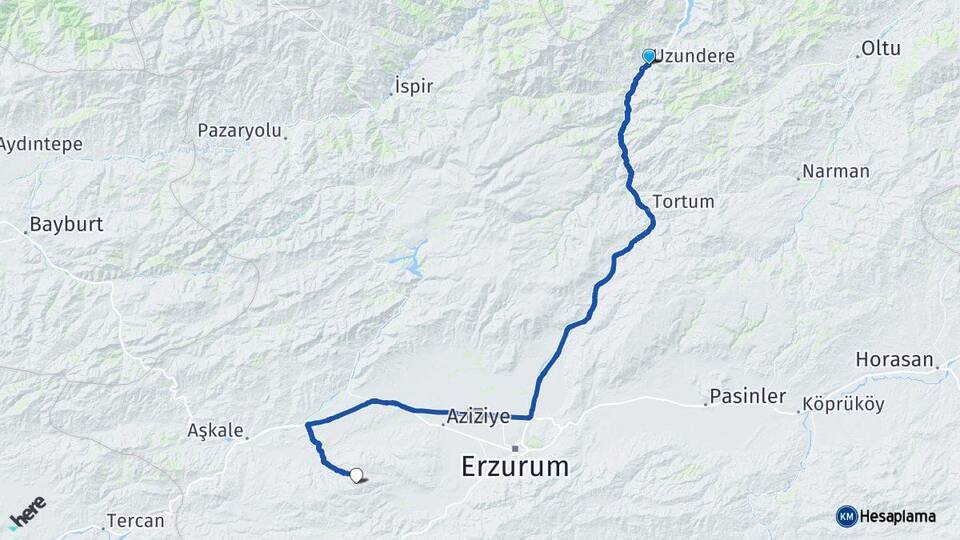 Erzurum Uzundere Palandöken Arası Kaç Km - Yol Haritası