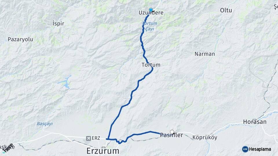 Erzurum Uzundere Pasinler Arası Kaç Km - Yol Haritası