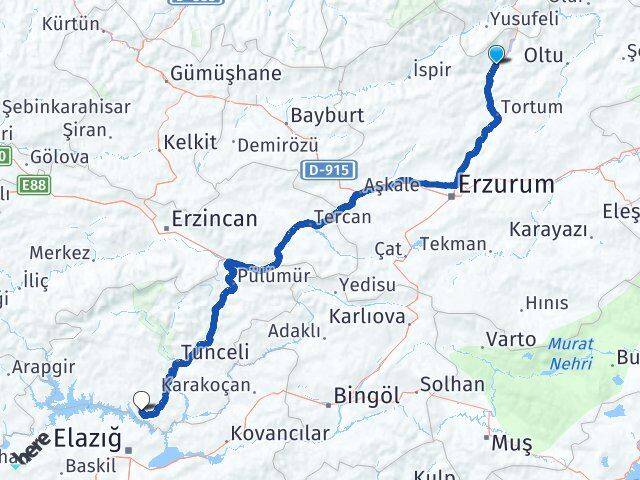 Erzurum Uzundere Pertek Tunceli Arası Kaç Km - Yol Haritası