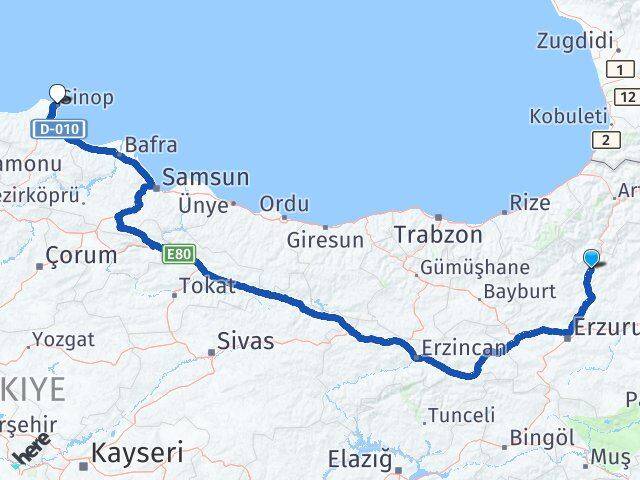 Erzurum Uzundere Sinop Arası Kaç Km - Yol Haritası