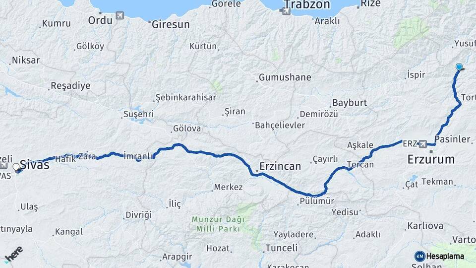 Erzurum Uzundere Sivas Arası Kaç Km - Yol Haritası