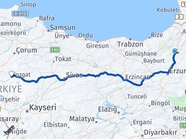 Erzurum Uzundere Yozgat Arası Kaç Km - Yol Haritası