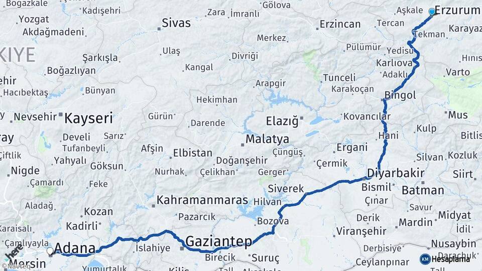 Erzurum Yakutiye Adana Arası Kaç Km - Yol Haritası