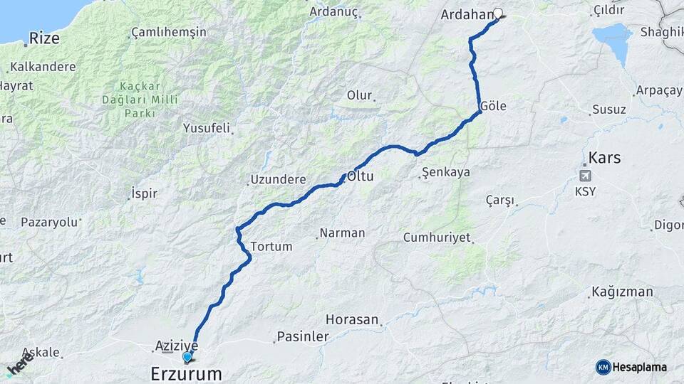 Erzurum Yakutiye Ardahan Arası Kaç Km - Yol Haritası