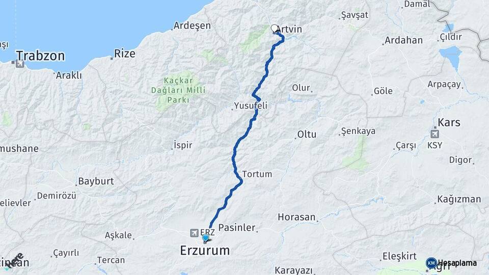 Erzurum Yakutiye Artvin Arası Kaç Km - Yol Haritası