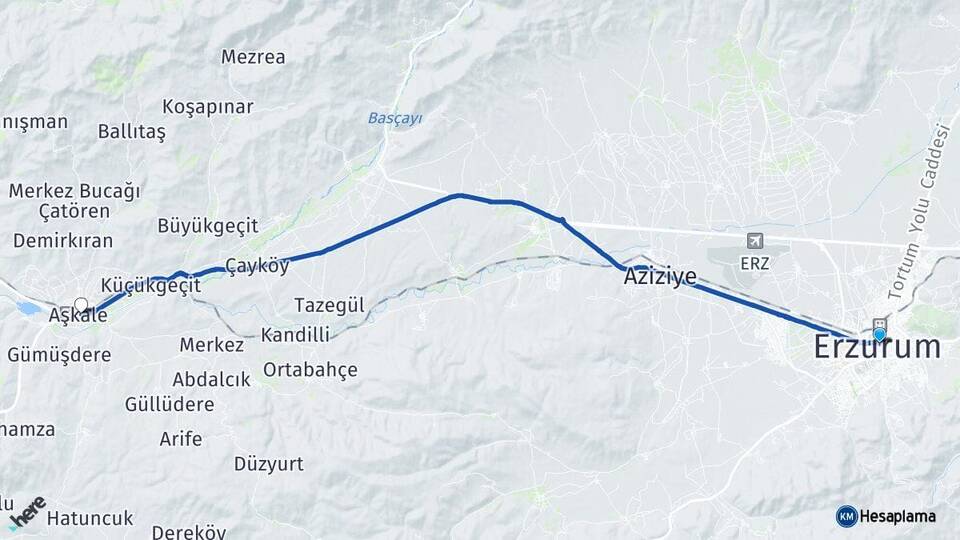 Erzurum Yakutiye Aşkale Arası Kaç Km - Yol Haritası