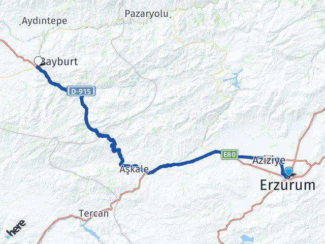 Erzurum Yakutiye Bayburt Arası Kaç Km - Yol Haritası