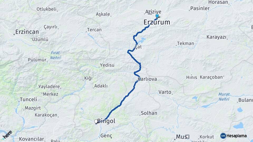 Erzurum Yakutiye Bingöl Arası Kaç Km - Yol Haritası