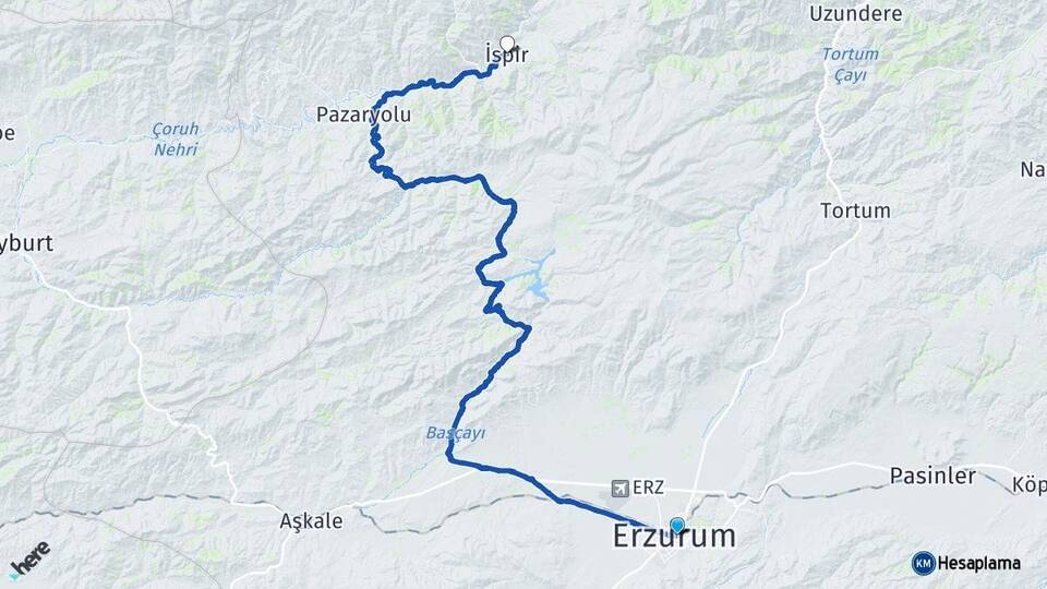 Erzurum Yakutiye İspir Arası Kaç Km - Yol Haritası