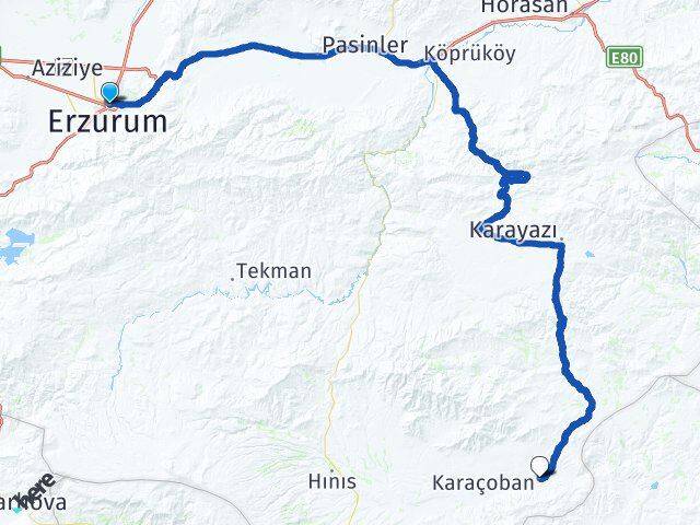 Erzurum Yakutiye Karaçoban Arası Kaç Km - Yol Haritası