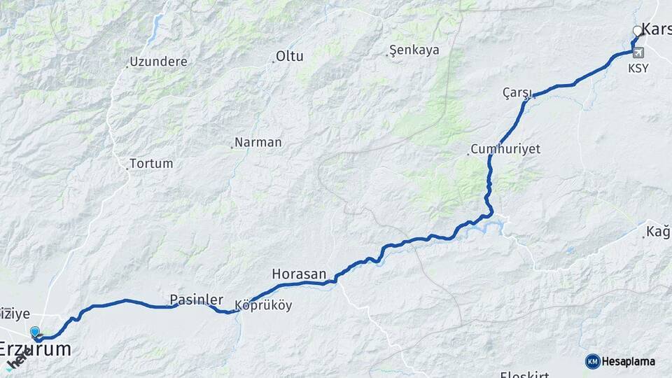 Erzurum Yakutiye Kars Arası Kaç Km - Yol Haritası