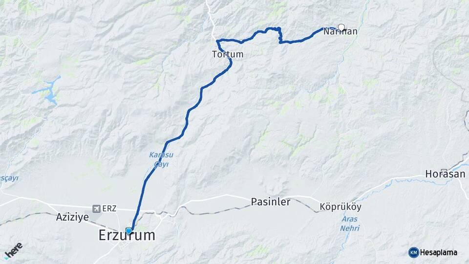 Erzurum Yakutiye Narman Arası Kaç Km - Yol Haritası