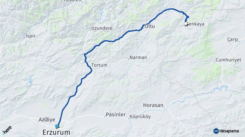 Erzurum Yakutiye Şenkaya Arası Kaç Km - Yol Haritası