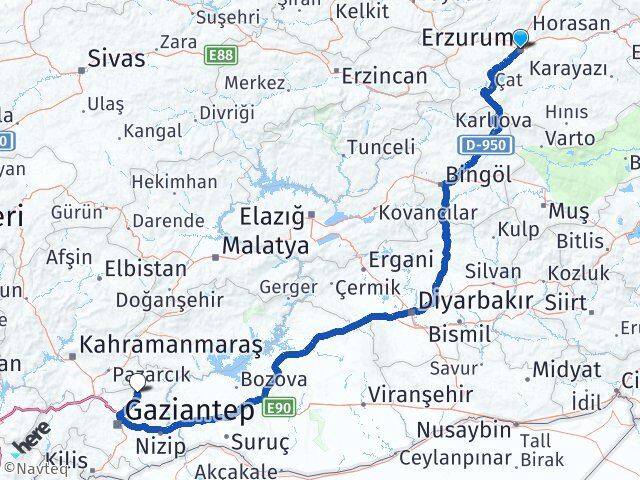 Erzurum Yavuzeli Gaziantep Arası Kaç Km - Yol Haritası