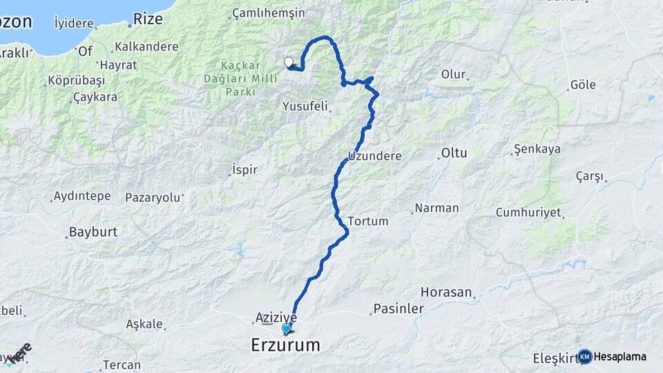 Erzurum Yaylalar Yusufeli Artvin Arası Kaç Km - Yol Haritası
