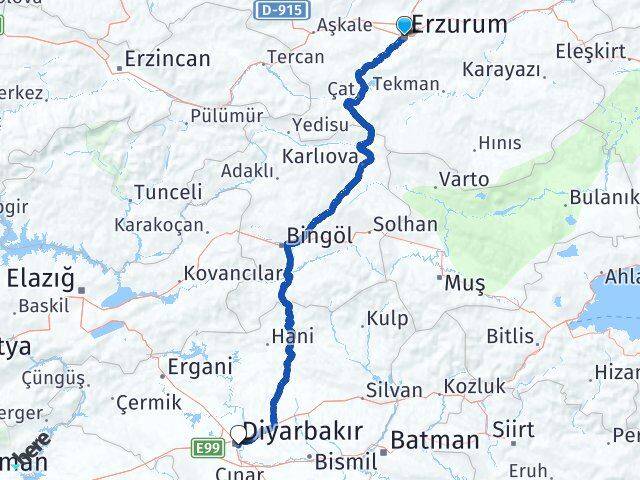 Erzurum Yenişehir Diyarbakır Arası Kaç Km - Yol Haritası