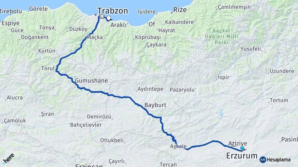 Erzurum Yomra Trabzon Arası Kaç Km - Yol Haritası