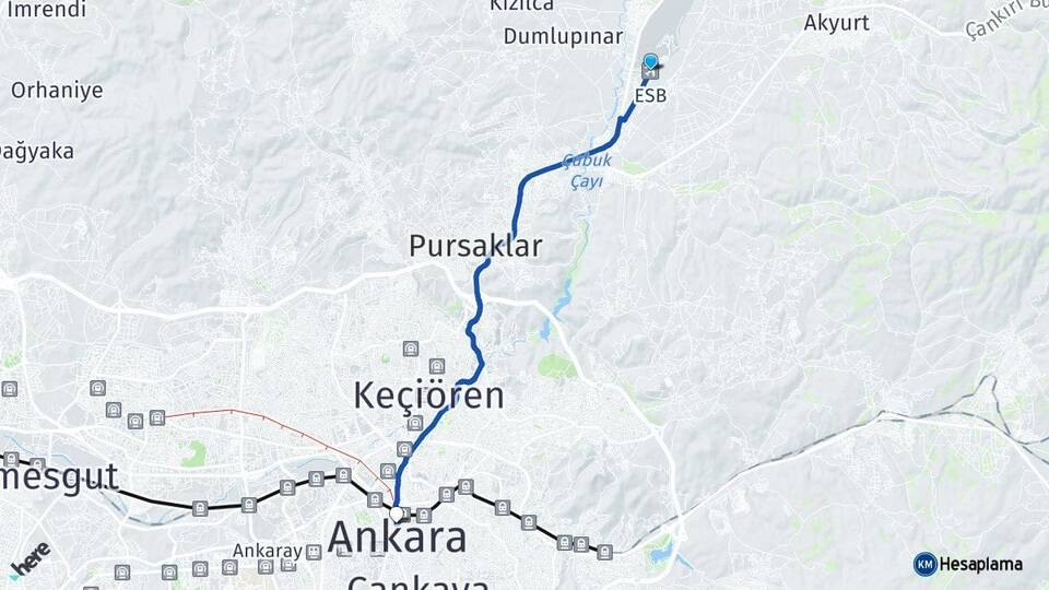 Esenboğa Havalimanı Kızılay Çankaya Ankara Arası Kaç Km - Yol Haritası