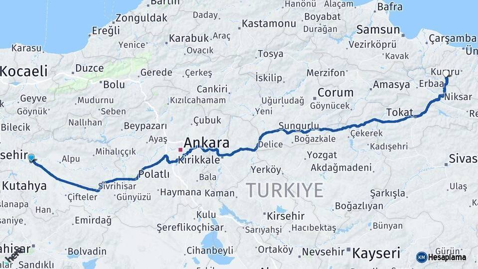 Eskişehir Akkuş Ordu Arası Kaç Km - Yol Haritası