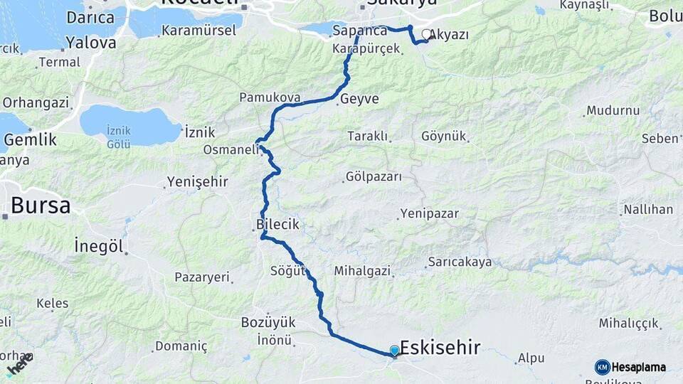 Eskişehir Akyazı Sakarya Arası Kaç Km - Yol Haritası