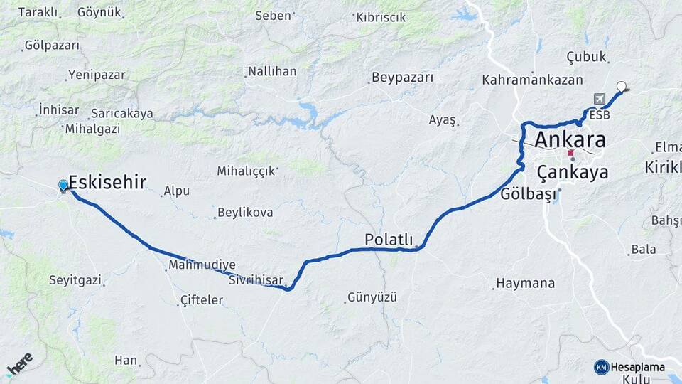 Eskişehir Akyurt Ankara Arası Kaç Km - Yol Haritası