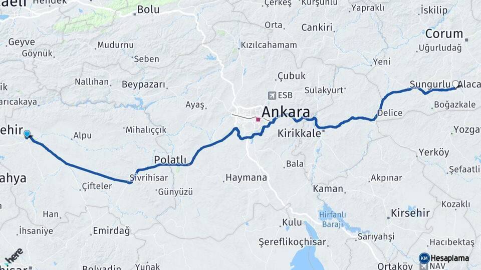 Eskişehir Alaca Çorum Arası Kaç Km - Yol Haritası