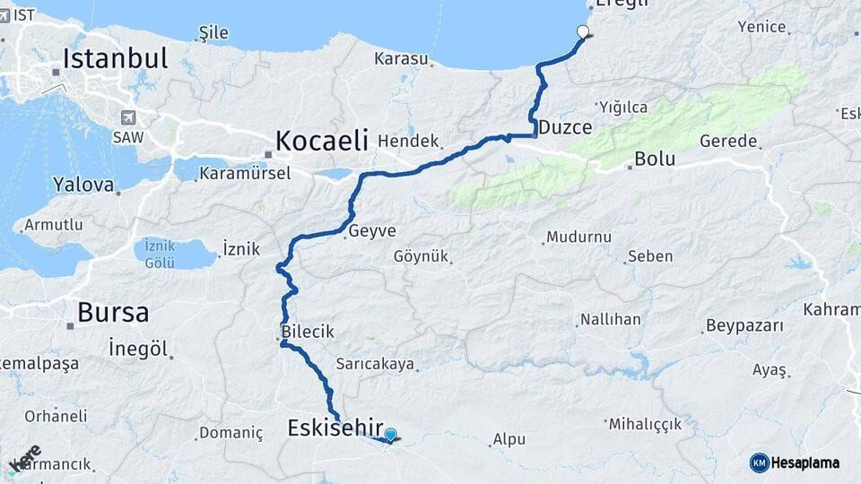 Eskişehir Alaplı Zonguldak Arası Kaç Km - Yol Haritası