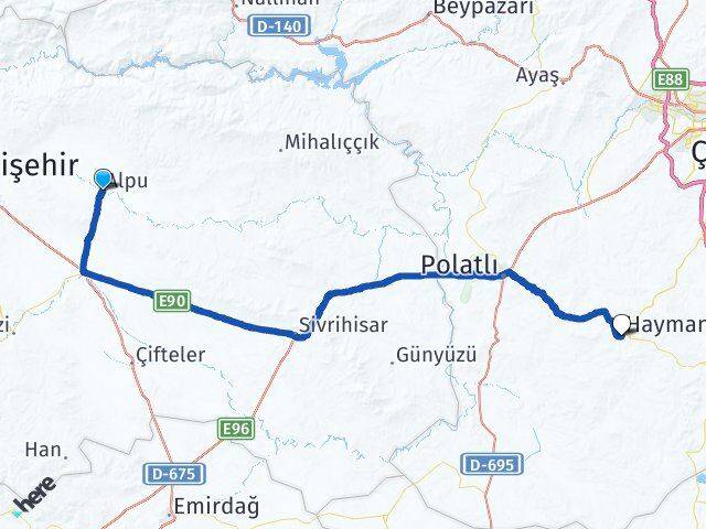 Eskişehir Alpu Haymana Ankara Arası Kaç Km - Yol Haritası