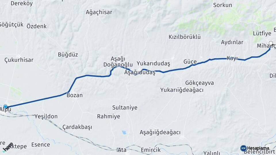 Eskişehir Alpu Mihalıççık Arası Kaç Km - Yol Haritası