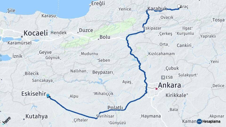 Eskişehir Araç Kastamonu Arası Kaç Km - Yol Haritası