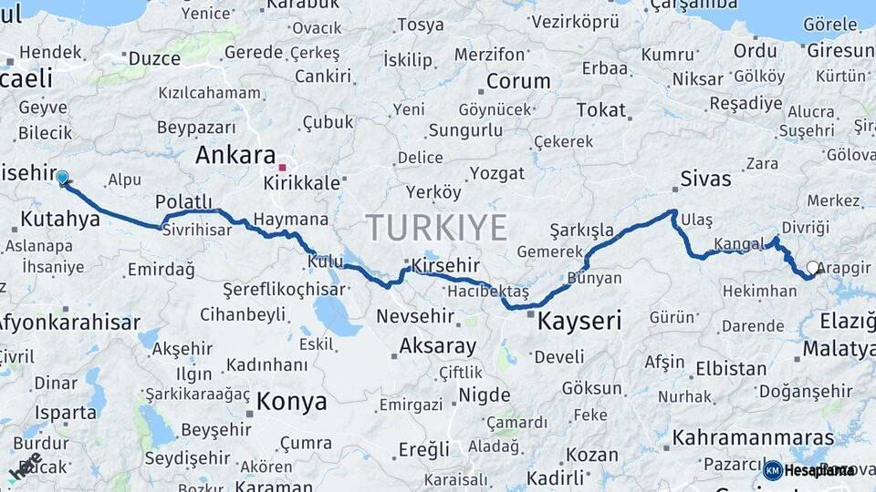 Eskişehir Arapgir Malatya Arası Kaç Km - Yol Haritası