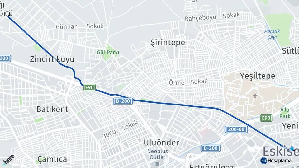 Eskişehir Aşağı Söğütönü Tepebaşı Arası Kaç Km - Yol Haritası