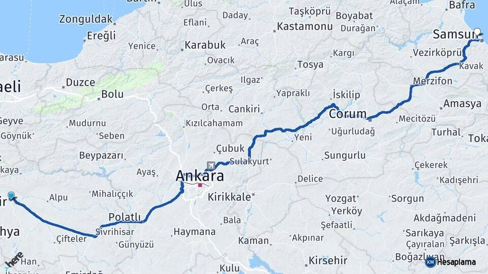 Eskişehir Atakum Samsun Arası Kaç Km - Yol Haritası