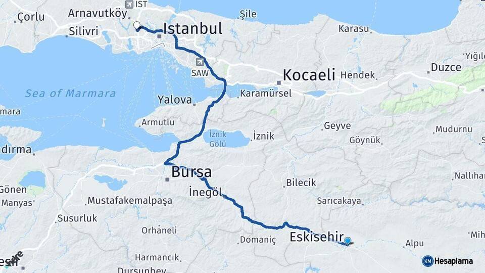 Eskişehir Başakşehir İstanbul Arası Kaç Km - Yol Haritası